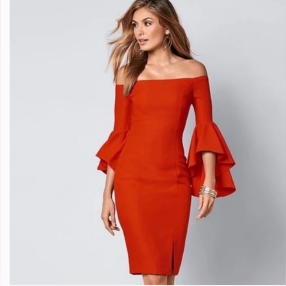VENUS Red Off-Shoulder Bell Sleeve Bodycon Dress